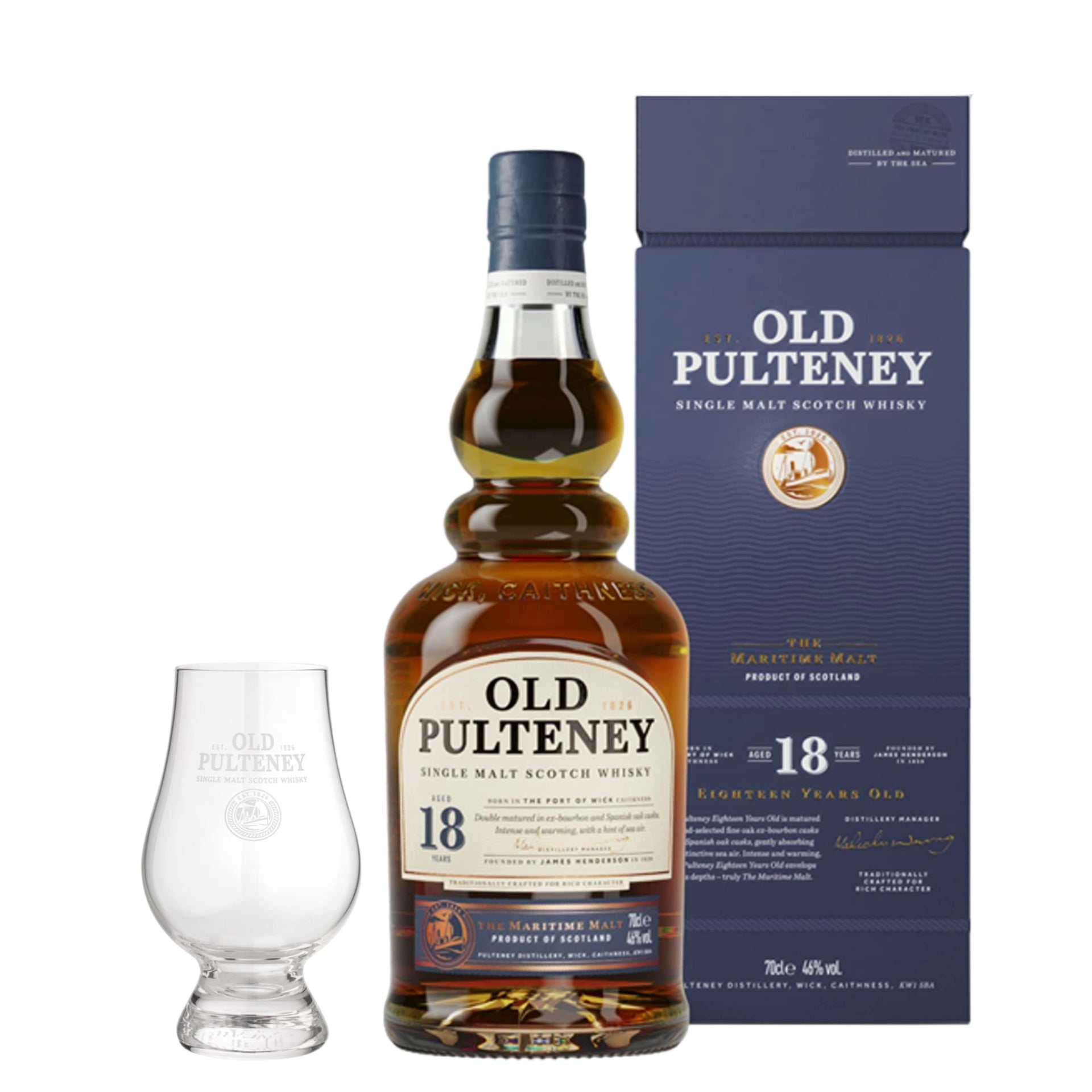Old Pulteney 18 Year Old & Branded Nosing Glass - The Whisky Stock