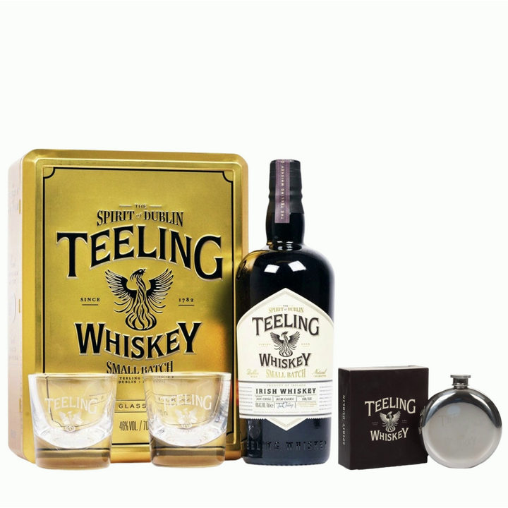 Teeling Small Batch Whiskey In Gold Tin with 2 Glasses & Branded Hip Flask