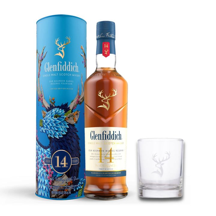 Glenfiddich 14 Year Old Bourbon Barrel (2024 Festive Limited Edition Design) & Branded Tumbler