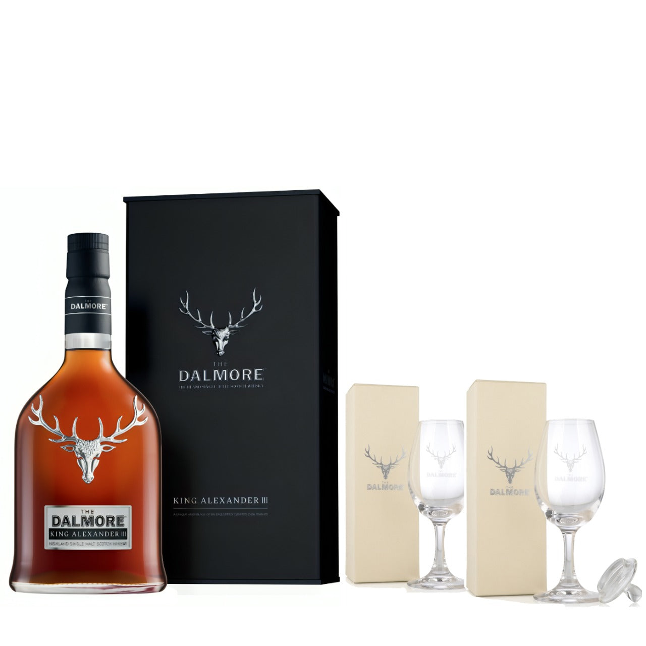 The Dalmore King Alexander III Whisky & 2 x Branded Copita Glass with Lid
