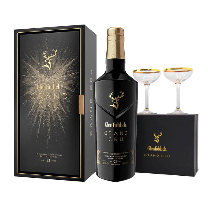 Glenfiddich 23 Year Old Grand Cru & 2 Branded Champagne Glasses - The Whisky Stock
