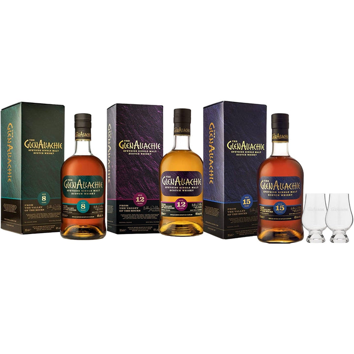 GlenAllachie 8, 12 & 15 Year Old & 2 Branded Nosing Glasses Set - The Whisky Stock