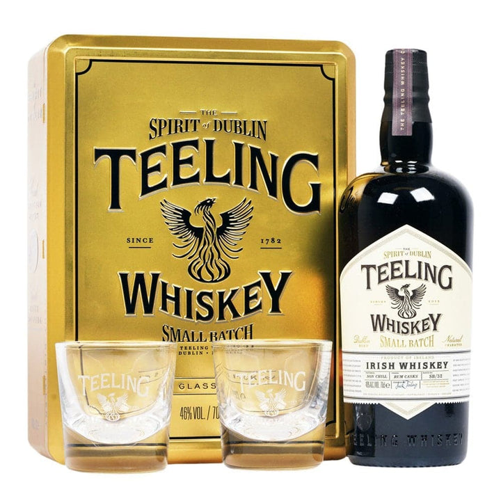 Teeling Small Batch Whiskey In Gold Tin with 2 Glasses